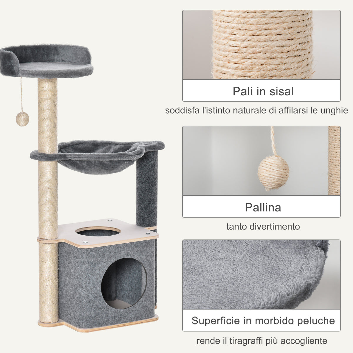 Albero Tiragraffi per Gatti Alto 95cm, Palestra per Gatti di Multilivelli con Casetta, Amaca, Pallina da Gioco, Cuccia e Corde in Sisal, 48x34x95cm, Grigio