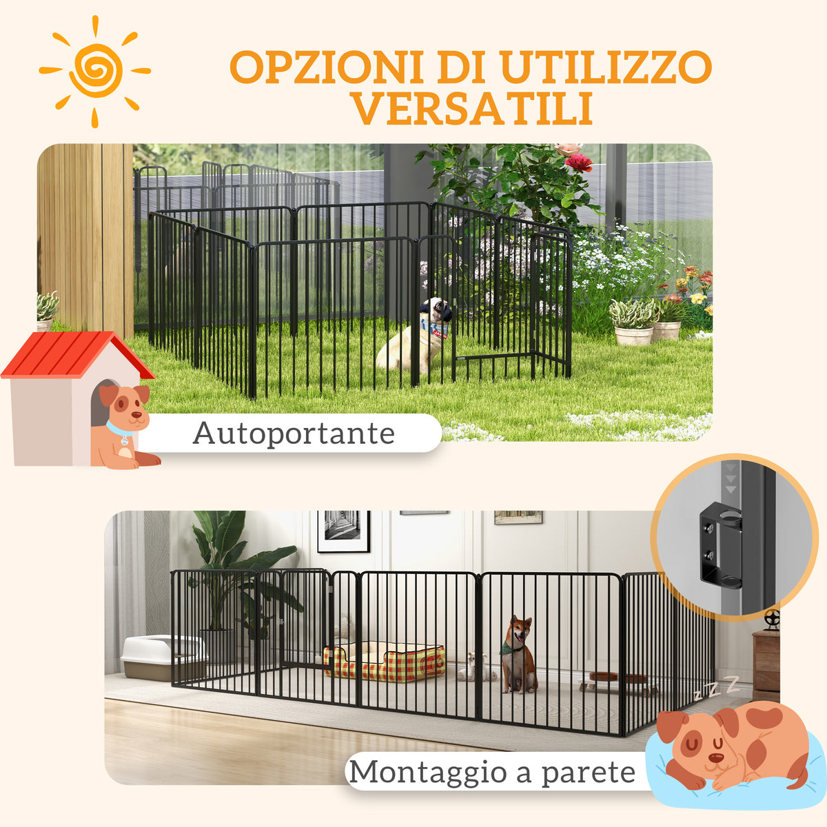 Box per Cani a 8 Pannelli Modulabili da Interno ed Esterno con 9 Picchetti, in Acciaio, 164x164x80 cm, Nero