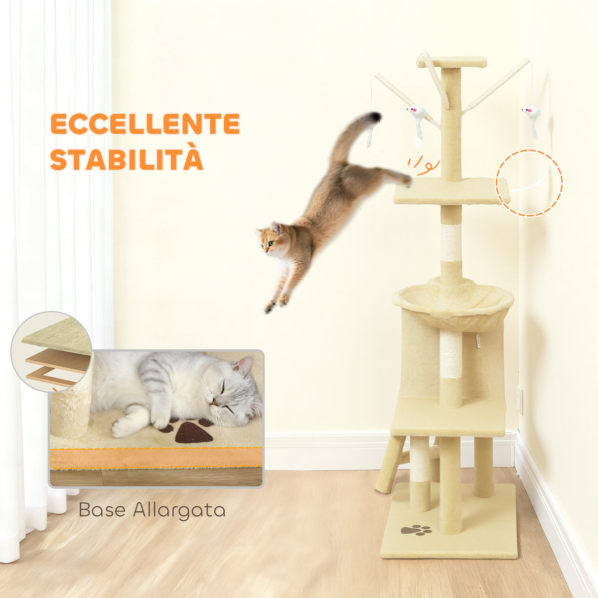 Torre per Gatti con Casetta, Trespolo, Piattaforme e 4 Topolini Appesi, 60x35x134 cm, Beige