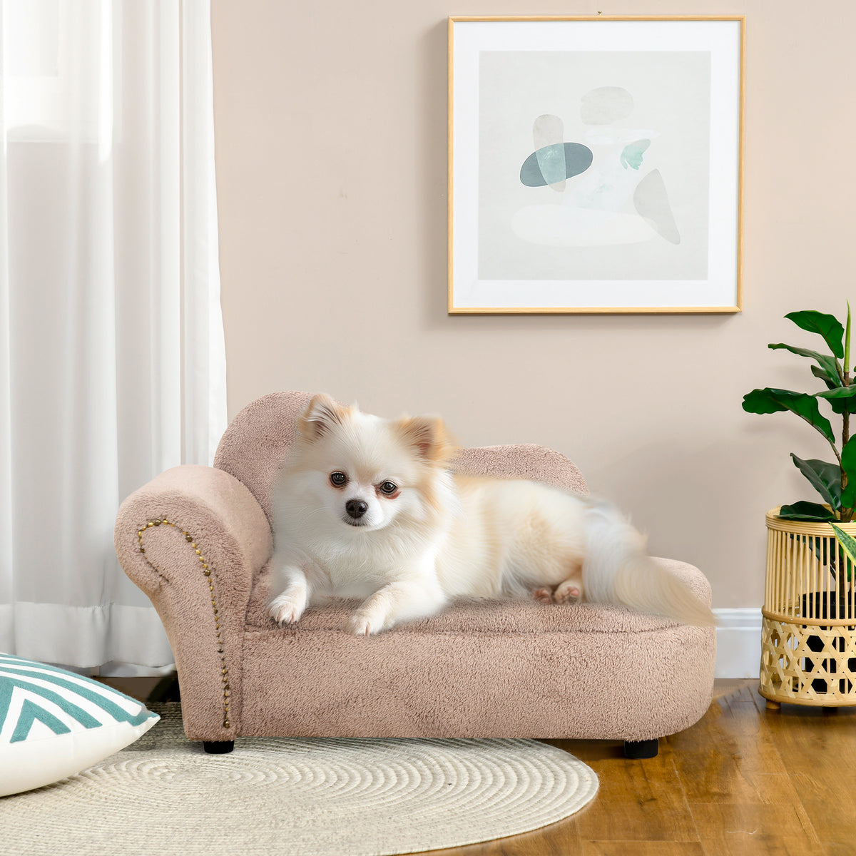 Divano per Cani Rialzato con Spazio Portaoggetti a Scomparsa, in Legno e Tessuto Vellutato, 80x40x46 cm, Beige