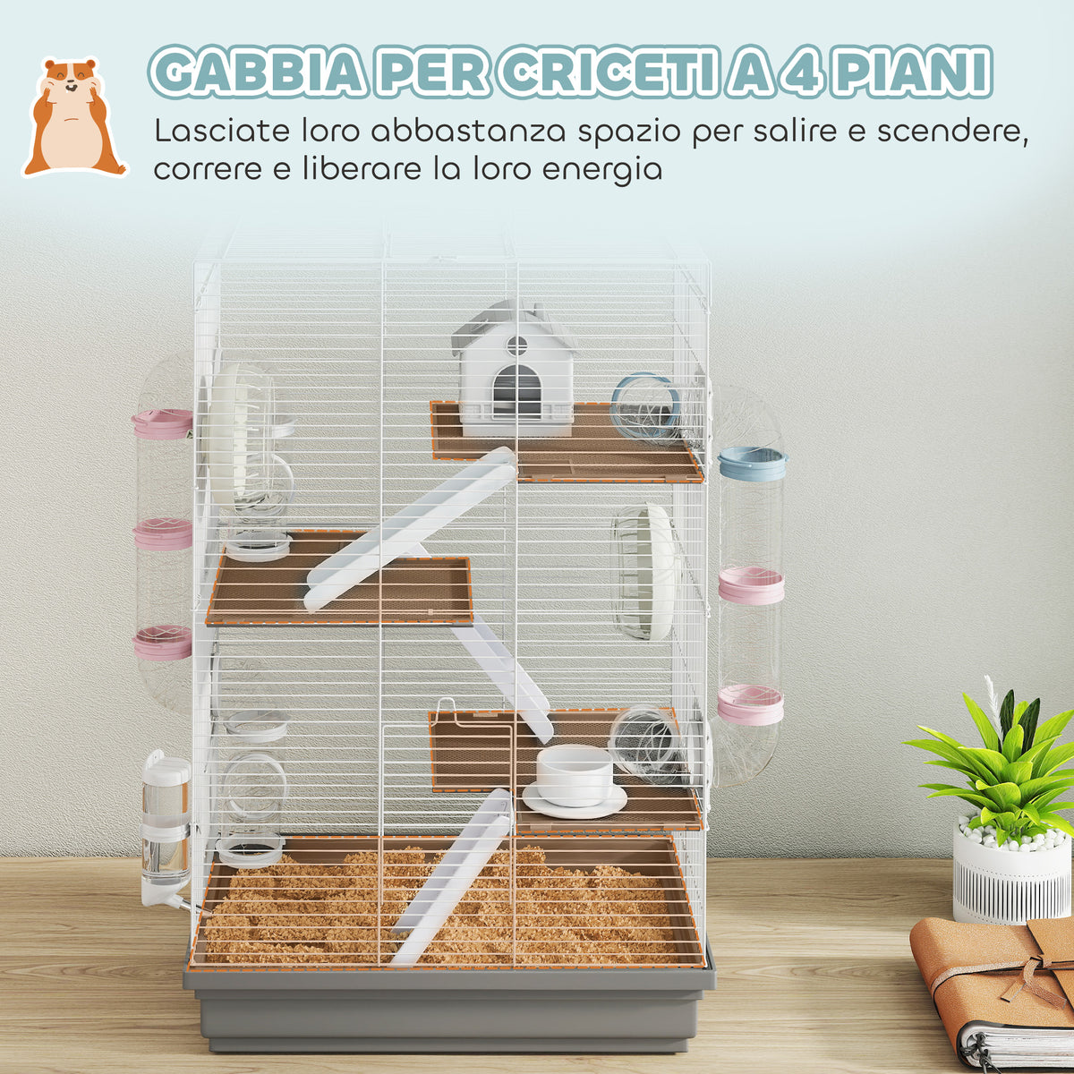 Gabbia per Criceti a 4 Livelli e 16 Tubi con Casetta, Rampa, e Accessori, in Metallo e Plastica, 47x30x70 cm, Grigio