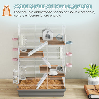 Gabbia per Criceti a 4 Livelli e 16 Tubi con Casetta, Rampa, e Accessori, in Metallo e Plastica, 47x30x70 cm, Grigio