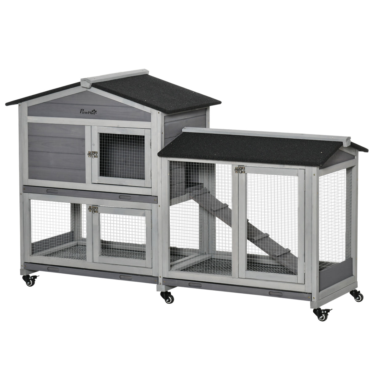Conigliera a 2 Livelli con Rete Protettiva e Rotelle in Legno e Metallo, 157.4x53x99.5 cm, Grigio