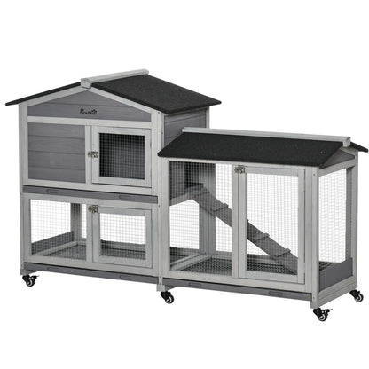 Conigliera a 2 Livelli con Rete Protettiva e Rotelle in Legno e Metallo, 157.4x53x99.5 cm, Grigio
