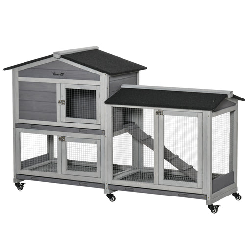 Conigliera a 2 Livelli con Rete Protettiva e Rotelle in Legno e Metallo, 157.4x53x99.5 cm, Grigio