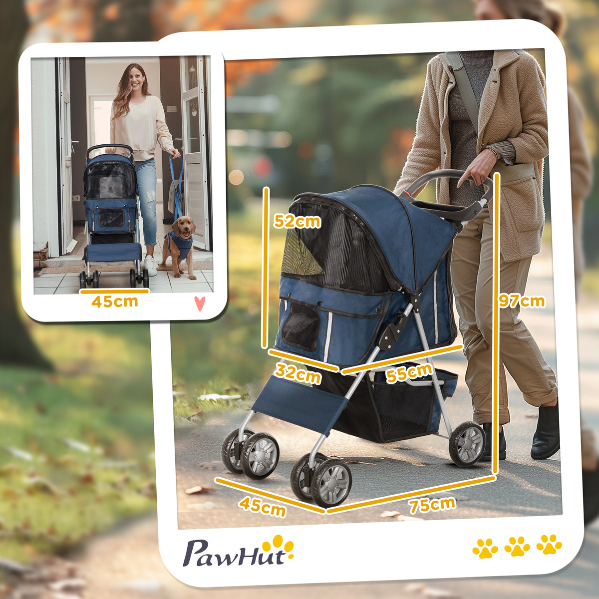Passeggino per Cani Pieghevole con Cestino e Portabicchiere, Peso Max. 10 kg, 75x45x97cm, Blu Scuro