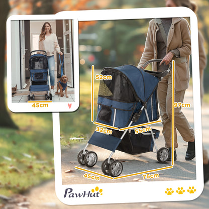 Passeggino per Cani Pieghevole con Cestino e Portabicchiere, Peso Max. 10 kg, 75x45x97cm, Blu Scuro
