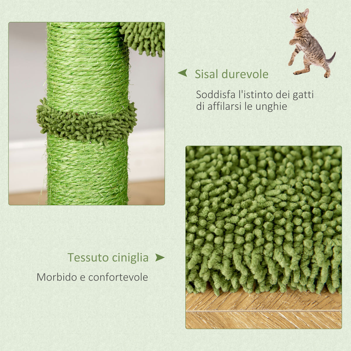Albero Tiragraffi per Gatti fino 4.5kg a Forma di Cactus con Palline e Amaca, 40x40x96cm - Verde