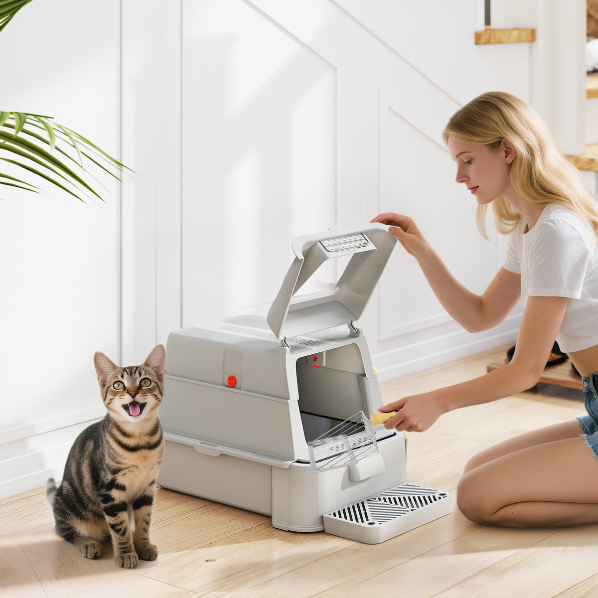 Lettiera per Gatti Chiusa da 80L con Vassoio Estraibile, in ABS e Acciaio Inox, 63x43x43 cm, Grigio Chiaro
