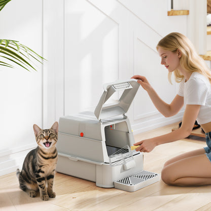 Lettiera per Gatti Chiusa da 80L con Vassoio Estraibile, in ABS e Acciaio Inox, 63x43x43 cm, Grigio Chiaro