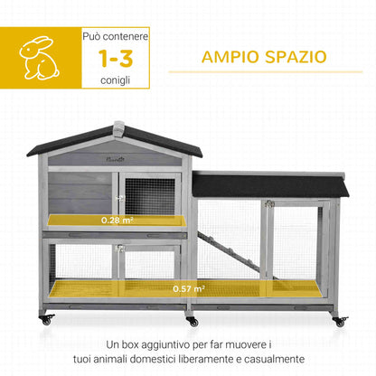 Conigliera a 2 Livelli con Rete Protettiva e Rotelle in Legno e Metallo, 157.4x53x99.5 cm, Grigio