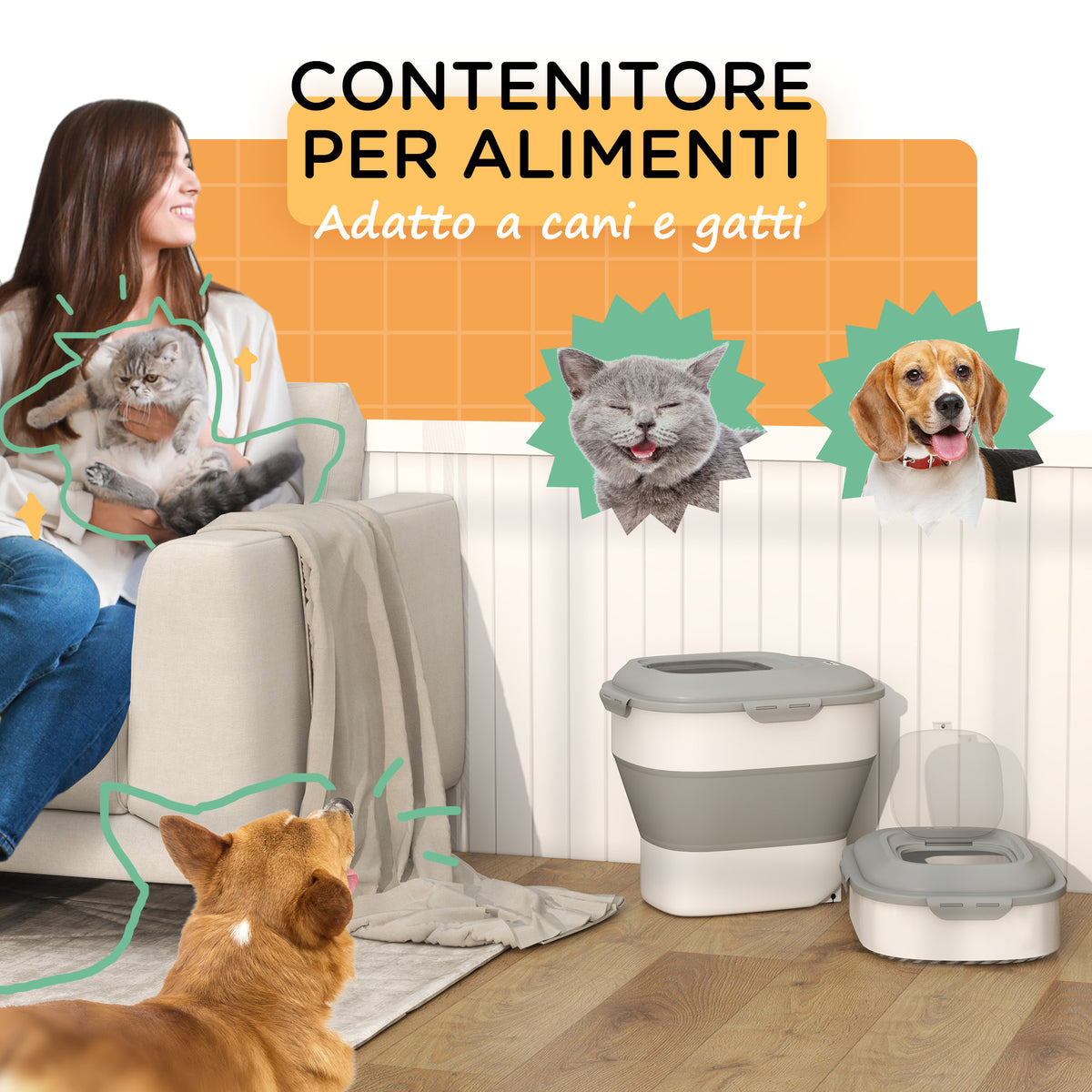 Porta Crocchette Cani Capacità 5-25L con Chiusura Ermetica e Box Deumidificante, in PP e TPE, 44x32x37 cm, Grigio