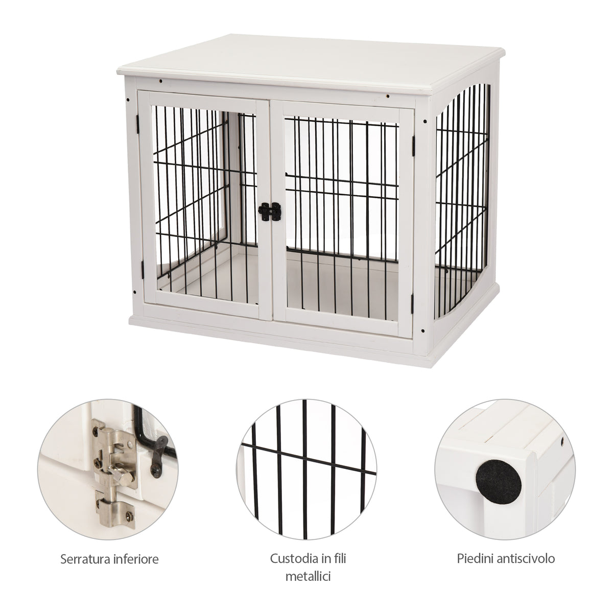 Casetta per Cani Fino 30kg da Interno in Legno e Acciaio, 58.5x81x 66cm - Bianco