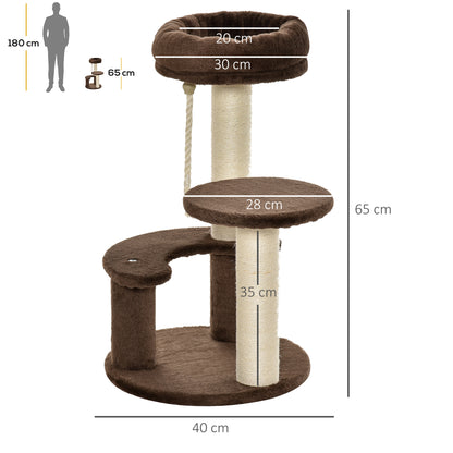 Albero Tiragraffi per Gatti a 3 Livelli con Lettino in Peluche e Pali in Sisal, 40x65 cm, Marrone