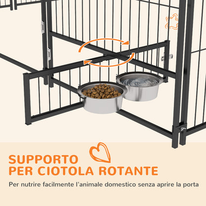 Recinto per Cani in Metallo e Tessuto Oxford con Porticina per Ciotole, 211x211x151 cm, Nero e Marrone