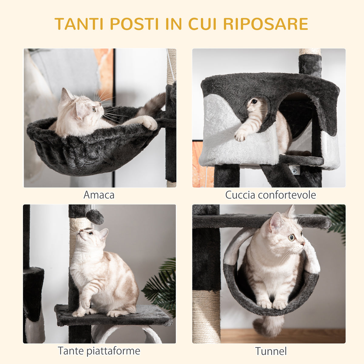 Tiragraffi per Gatti a Soffitto con Altezza Regolabile 240-260 cm, Albero Tiragraffi per Gatti Multilivello con Cucce, Amache e Scale, Corde in Sisal, Grigio Scuro e Bianco