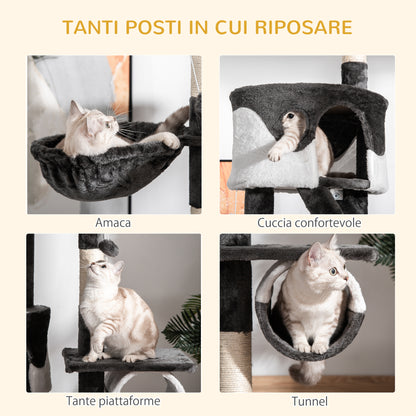 Tiragraffi per Gatti a Soffitto con Altezza Regolabile 240-260 cm, Albero Tiragraffi per Gatti Multilivello con Cucce, Amache e Scale, Corde in Sisal, Grigio Scuro e Bianco