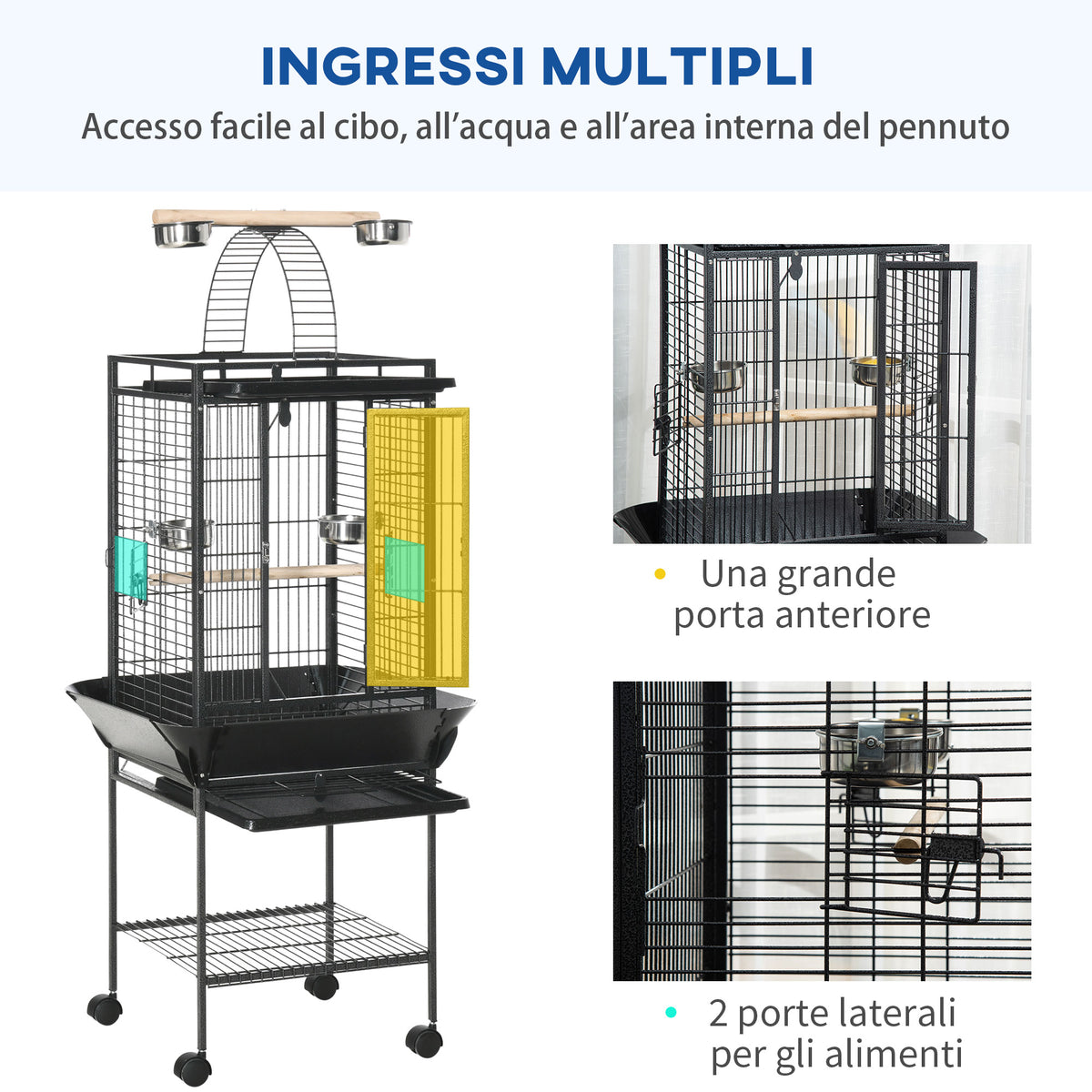 Gabbia per Pappagallini con 2 Posatoi e Scala ad Arco, in Acciaio, 62.5x62.5x156 cm, Grigia