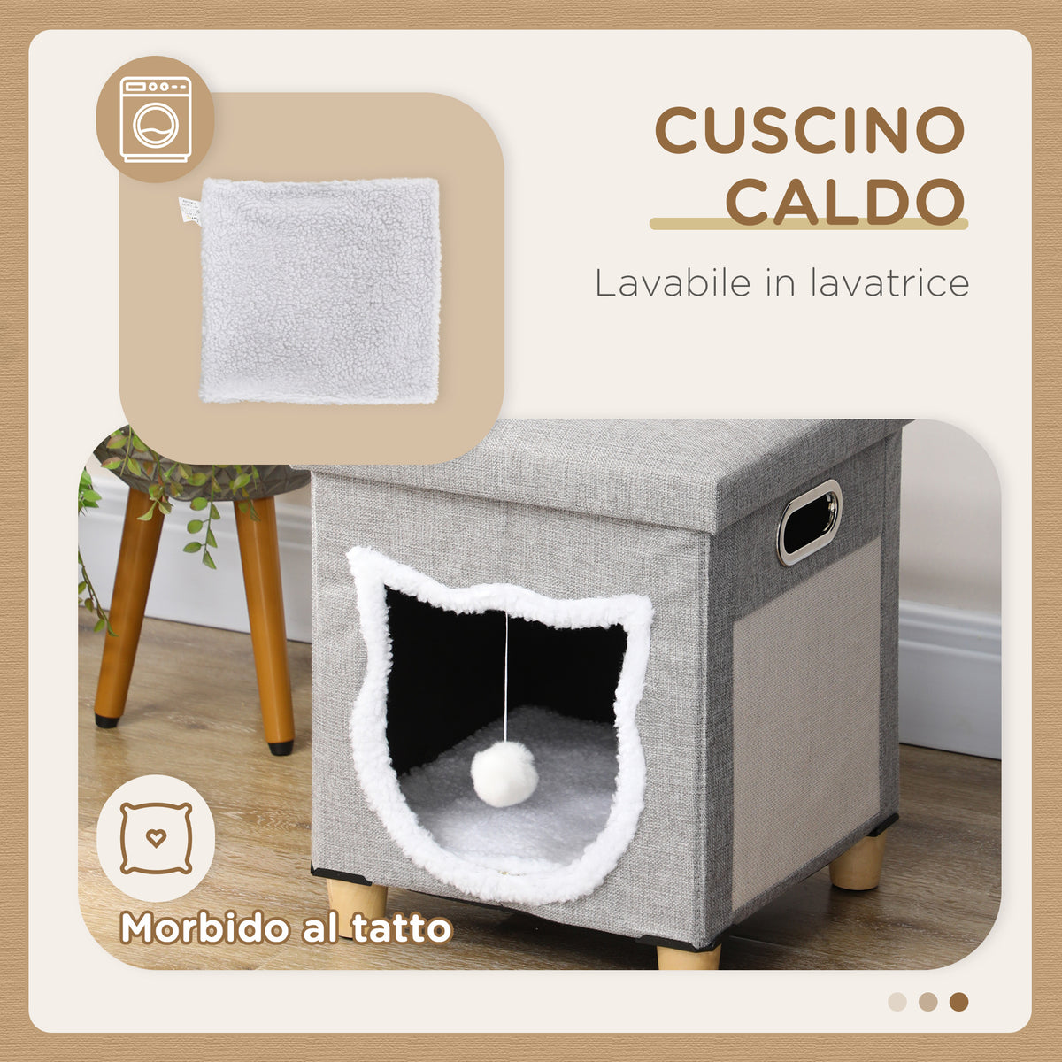 Casetta per Gatti con Tiragraffi, Cuscino e Pallina, in Legno e Poliestere, 35.5x35.5x42.5 cm, Crema e Grigio