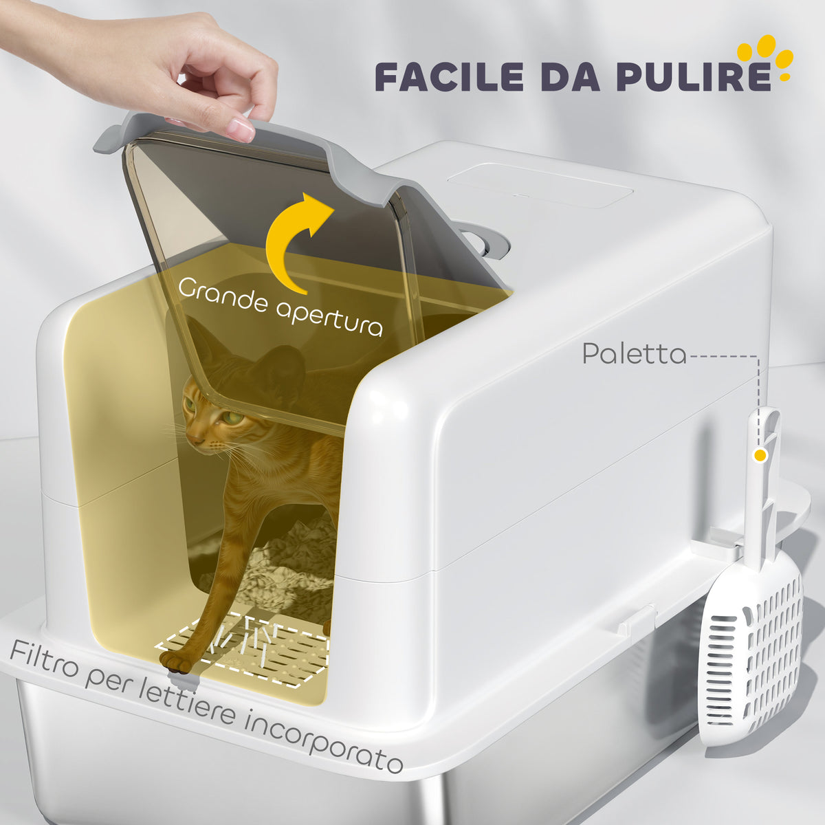 Lettiera per Gatti Chiusa con Vassoio in Acciaio, Paletta e Sacchetti Filtranti, in PP, 40.5x60.5x41.5 cm