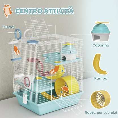 Gabbia per Criceti a 3 Livelli e 12 Tubi con Casetta, Rampa, e Accessori, in Metallo e Plastica, 34.5x27.5x41 cm, Grigio