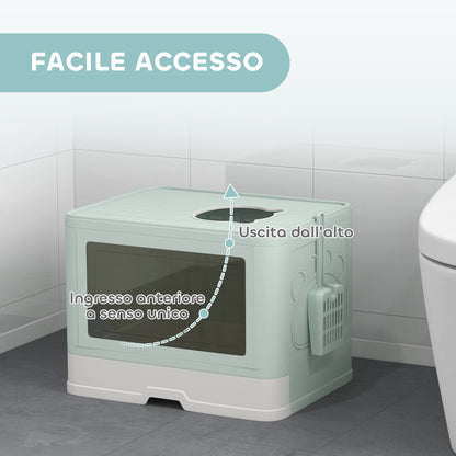 Lettiera per Gatti Chiusa con Coperchio e Doppia Entrata, Cassetto Estraibile, Paletta e Spazzola, Verde