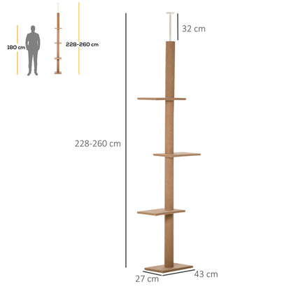 Albero Tiragraffi per Gatti a 4 Livelli, Fissaggio a Soffitto Regolabile, 43x27x228-260cm