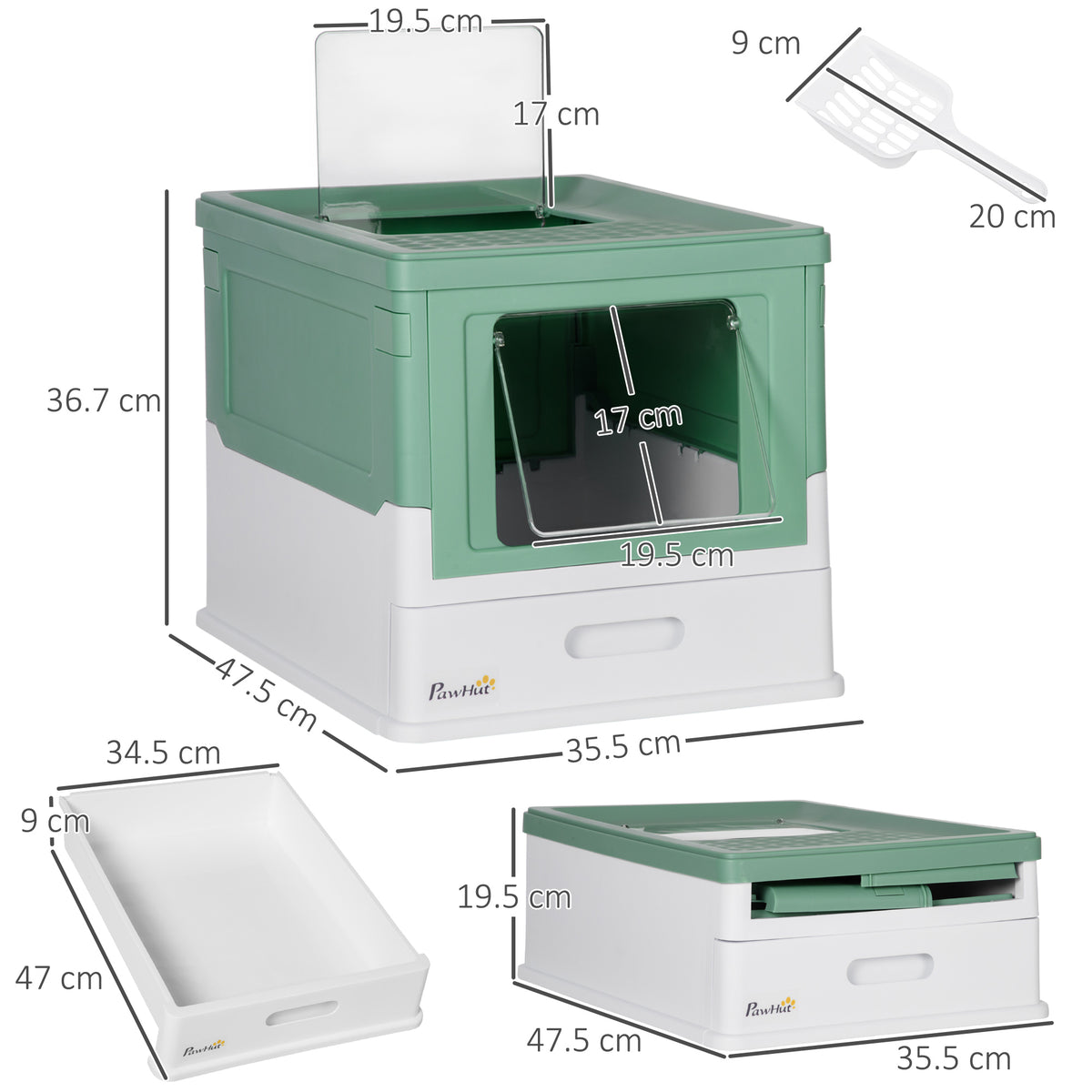 Lettiera per Gatti Chiusa con Paletta, Vassoio Estraibile e 2 Porte, 47.5x35.5x36.7cm, Verde