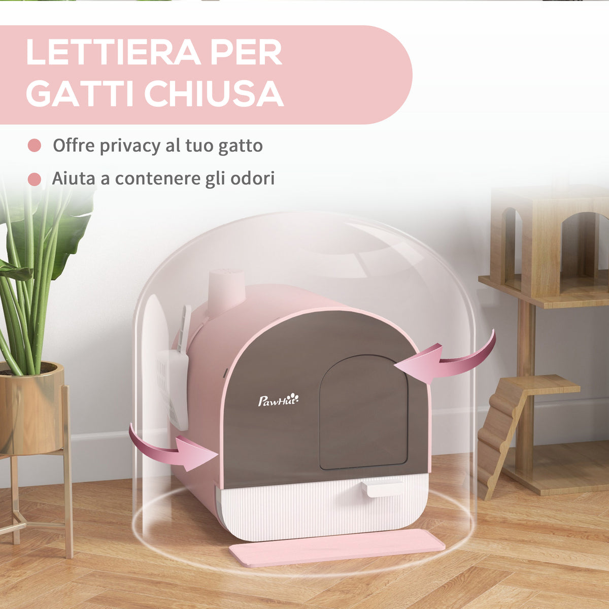 Lettiera per Gatti Chiusa con Filtri, Paletta e Vassoio, Struttura in PP, 43x44x47cm, Rosa