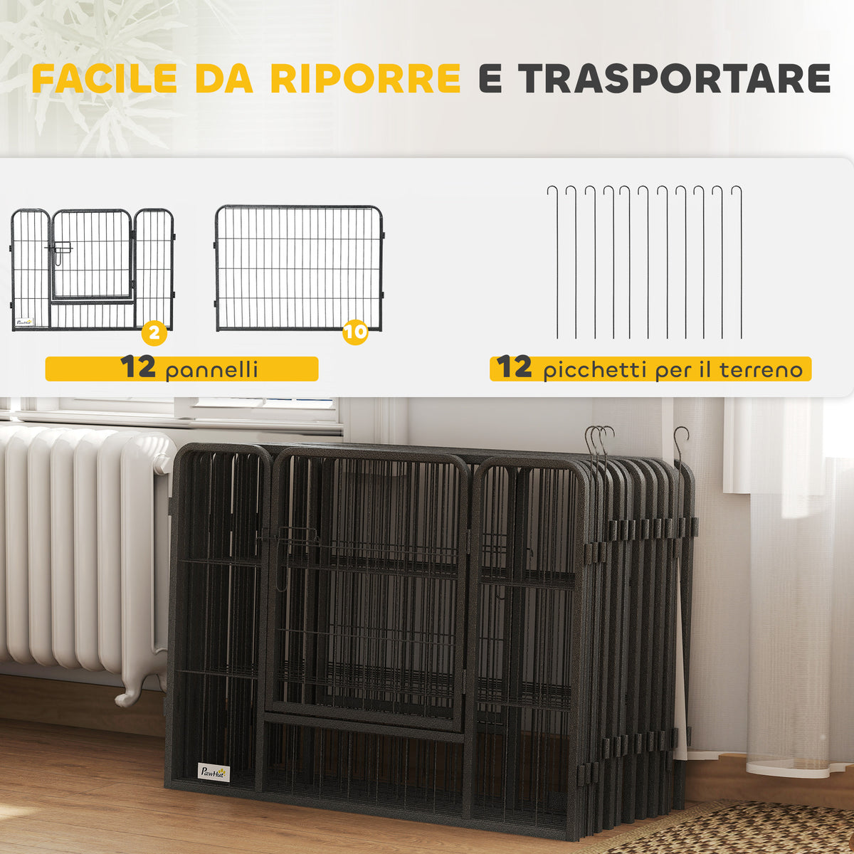 Recinto per Cani e Cuccioli con 12 Pannelli Modulabili e 2 Ingressi, 80x1.5x60cm