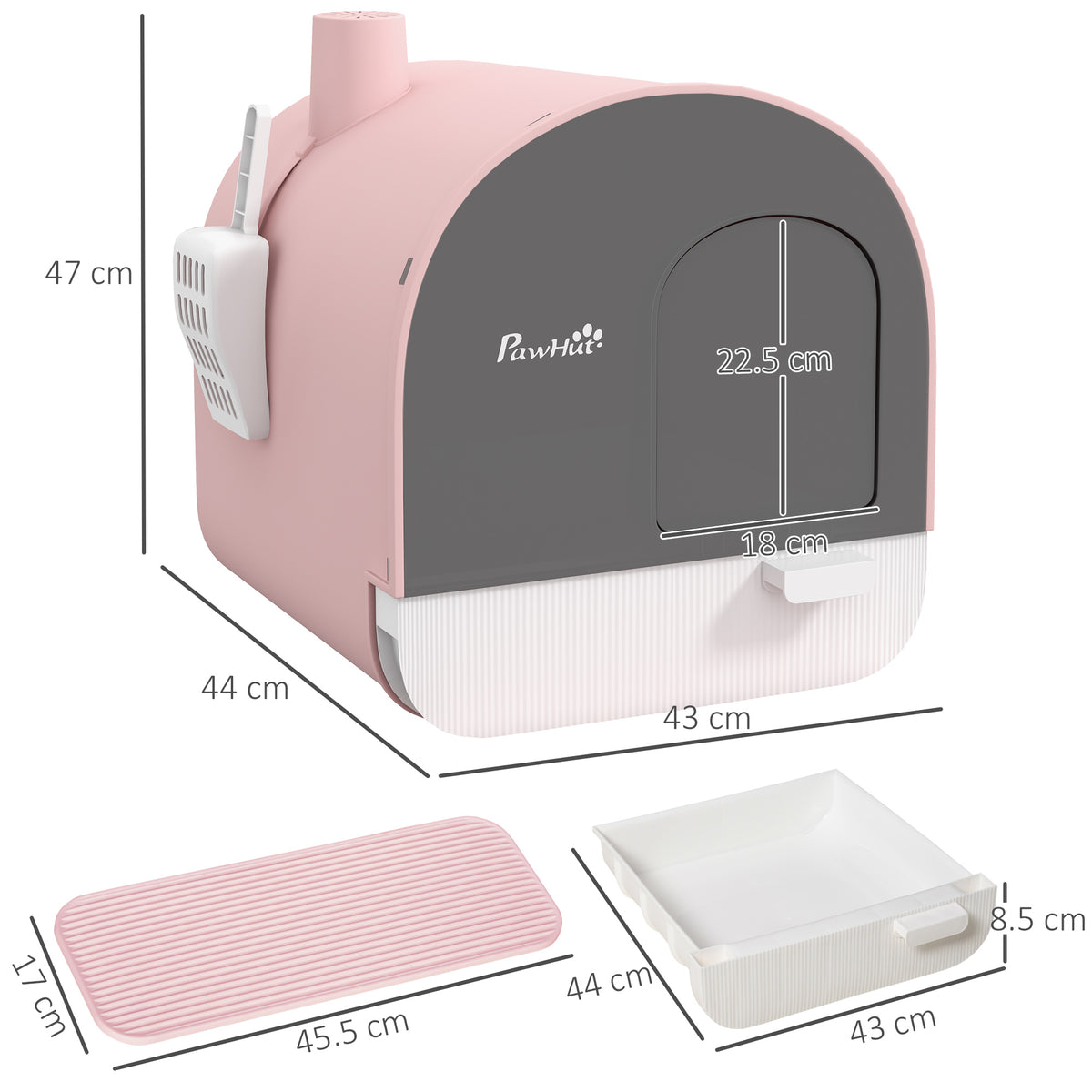 Lettiera per Gatti Chiusa con Filtri, Paletta e Vassoio, Struttura in PP, 43x44x47cm, Rosa