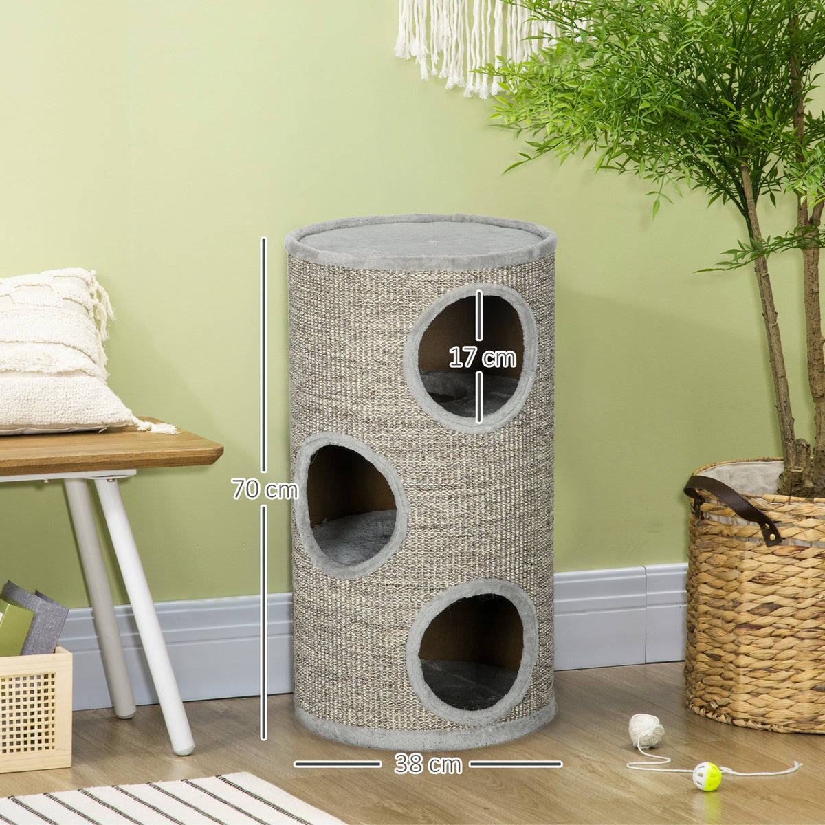 Cuccia per Gatti a 3 Livelli con Tiragraffi in Sisal e Peluche, 38x70cm, Grigio Chiaro