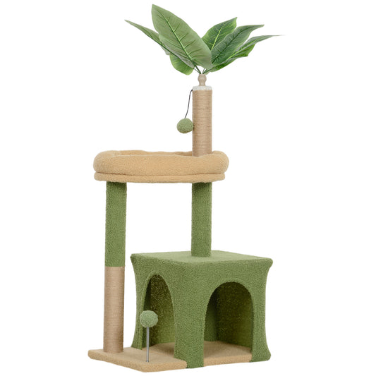 Albero Tiragraffi per Gatti con Casetta, Lettino e 2 Palline, in Legno e Poliestere, 44x30x98 cm, Verde e Marrone