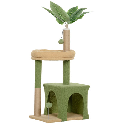 Albero Tiragraffi per Gatti con Casetta, Lettino e 2 Palline, in Legno e Poliestere, 44x30x98 cm, Verde e Marrone