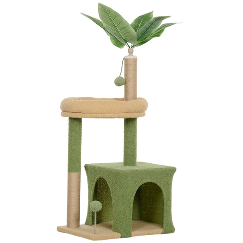 Albero Tiragraffi per Gatti con Casetta, Lettino e 2 Palline, in Legno e Poliestere, 44x30x98 cm, Verde e Marrone