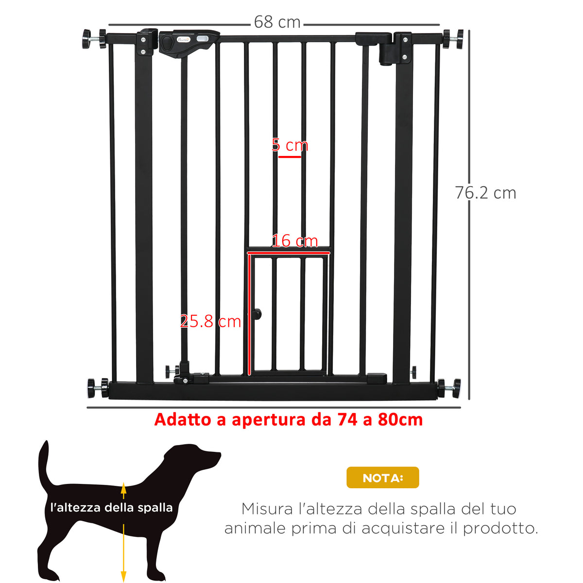 Cancelletto per Cani Estensibile con Fissaggio a Pressione e Chiusura Automatica, 68x76.2 cm, Nero