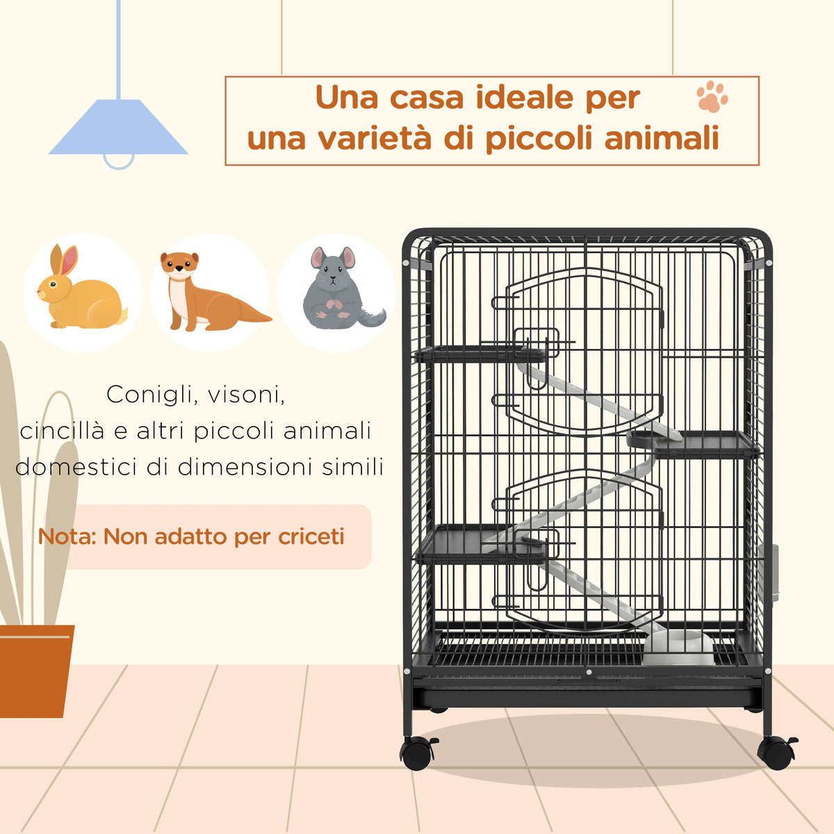 Gabbia per Piccoli Animali e Piccoli Roditori con Ruote, Gabbietta per Conigli e Cincillà con 3 Rampe e 3 Piattaforme, Ciotola e Bottiglia, 61.5x44x95 cm, Nero