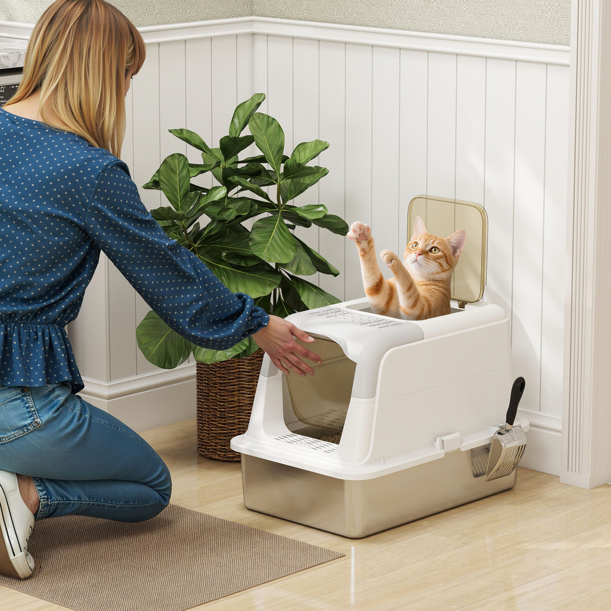 Lettiera per Gatti Chiusa a 2 Ingressi con Deodorante e Paletta, 60.4x40.4x41.8 cm, Bianco e Grigio