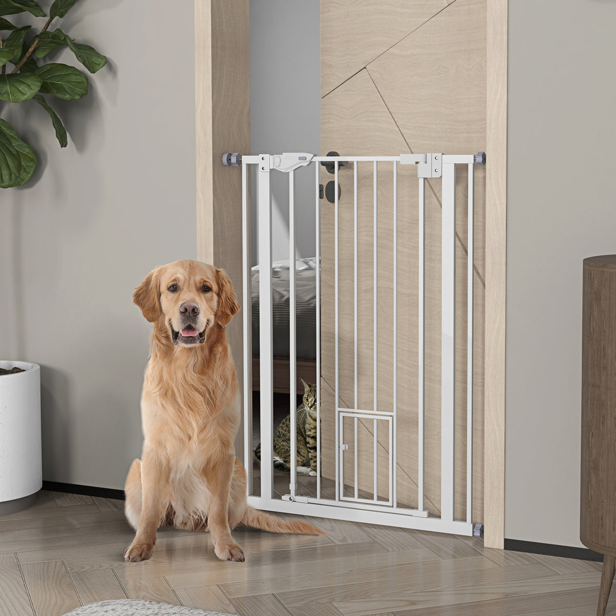 Cancellino per Cani Regolabile Alto con Porta Piccola e Chiusura Automatica, 74-80x104cm, Bianco