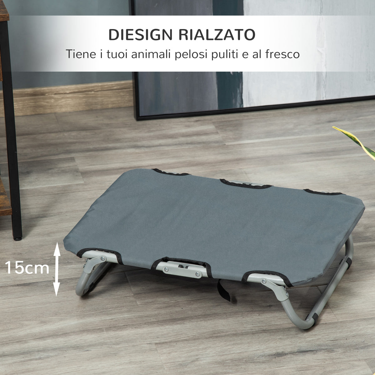 Lettino per Cani Pieghevole in Acciaio e Tessuto Oxford per Interni ed Esterni, 59x46x15 cm, Grigia