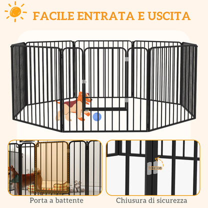 Box per Cani a 8 Pannelli Modulabili da Interno ed Esterno con 9 Picchetti, in Acciaio, 164x164x80 cm, Nero