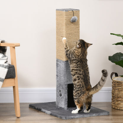 Albero Tiragraffi per Gatti con 2 Palline Giocattolo e Spazzola, in Legno, Iuta e Peluche, 59.5x39x79 cm, Grigio