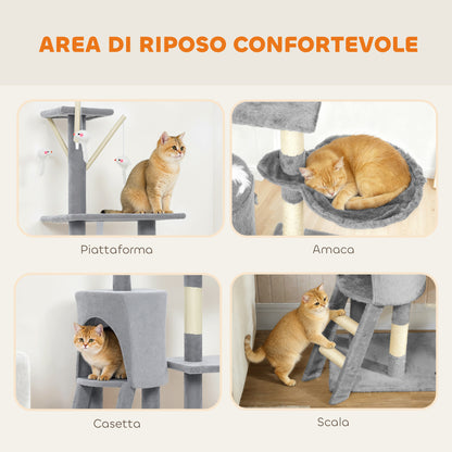Torre per Gatti con Casetta, Trespolo, Piattaforme e 4 Topolini, in Legno, Peluche e Sisal, 60x35x134 cm, Grigio