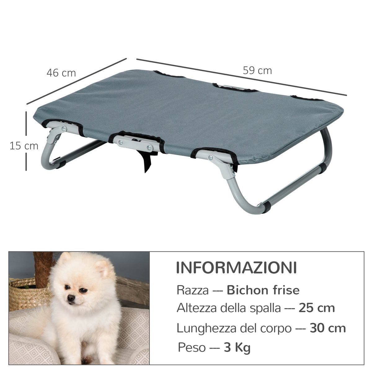 Lettino per Cani Pieghevole in Acciaio e Tessuto Oxford per Interni ed Esterni, 59x46x15 cm, Grigia