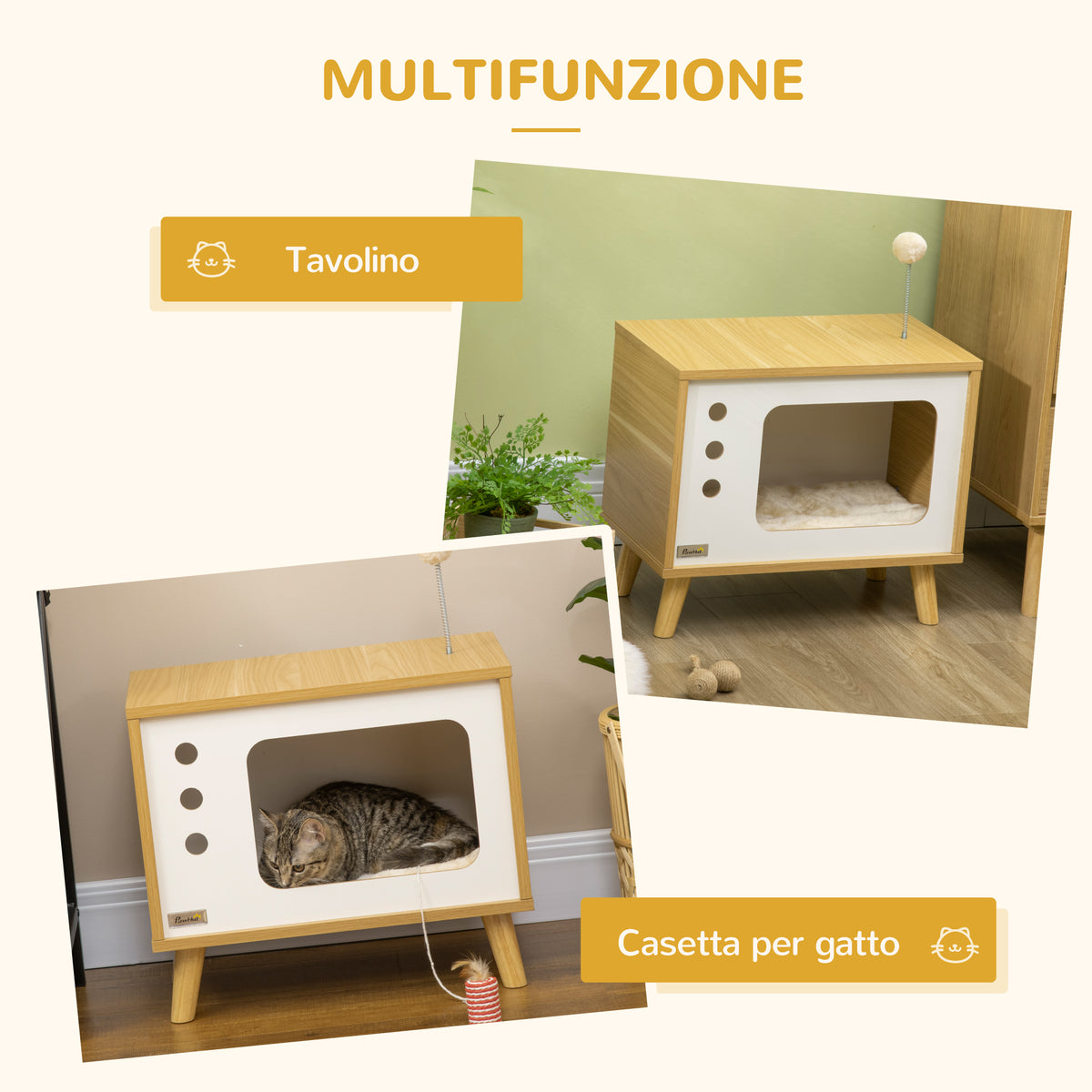 Casetta per Gatti in Truciolato a forma di Televisore con Cuscino e Pallina Giocattolo, 50x28x43 cm
