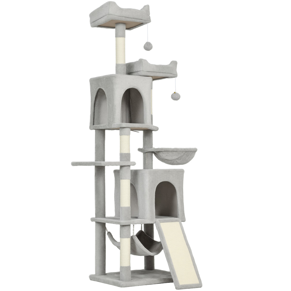 Albero Tiragraffi per Gatti con 2 Casette, 2 Lettini, Trespolo e 2 Palline, 48x40x177 cm, Grigio Chiaro e Beige
