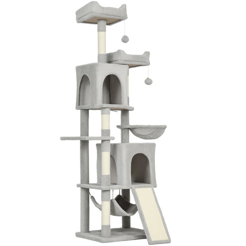 Albero Tiragraffi per Gatti con 2 Casette, 2 Lettini, Trespolo e 2 Palline, 48x40x177 cm, Grigio Chiaro e Beige