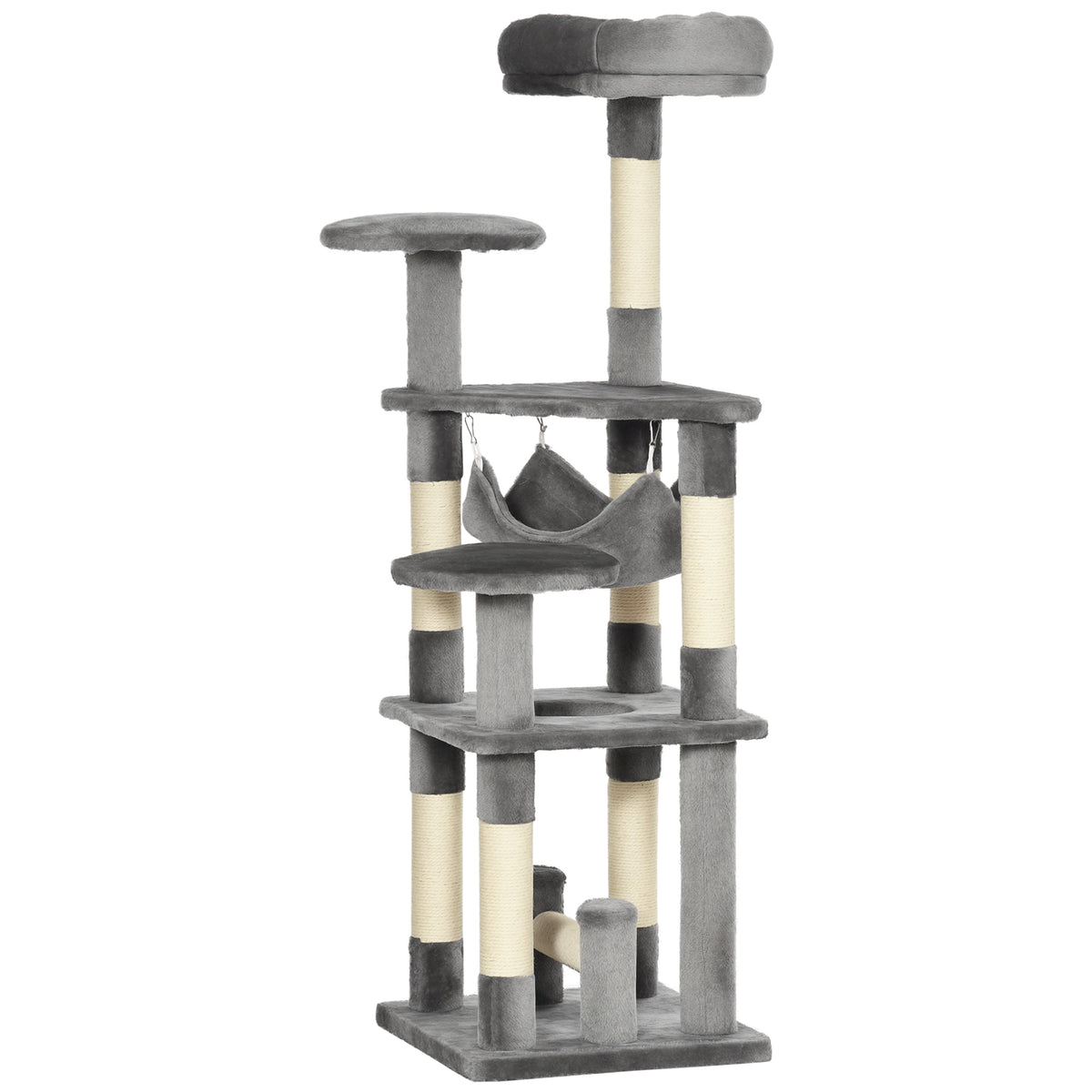 Albero Tiragraffi Giocattolo per Gatti a 4 Livelli con Amaca Cuccia Piattaforme in Peluche Sisal Naturale Altezza 132cm Grigio