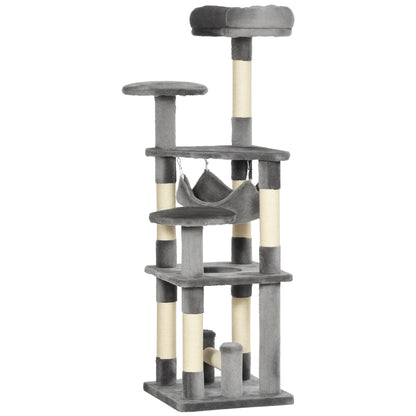 Albero Tiragraffi Giocattolo per Gatti a 4 Livelli con Amaca Cuccia Piattaforme in Peluche Sisal Naturale Altezza 132cm Grigio