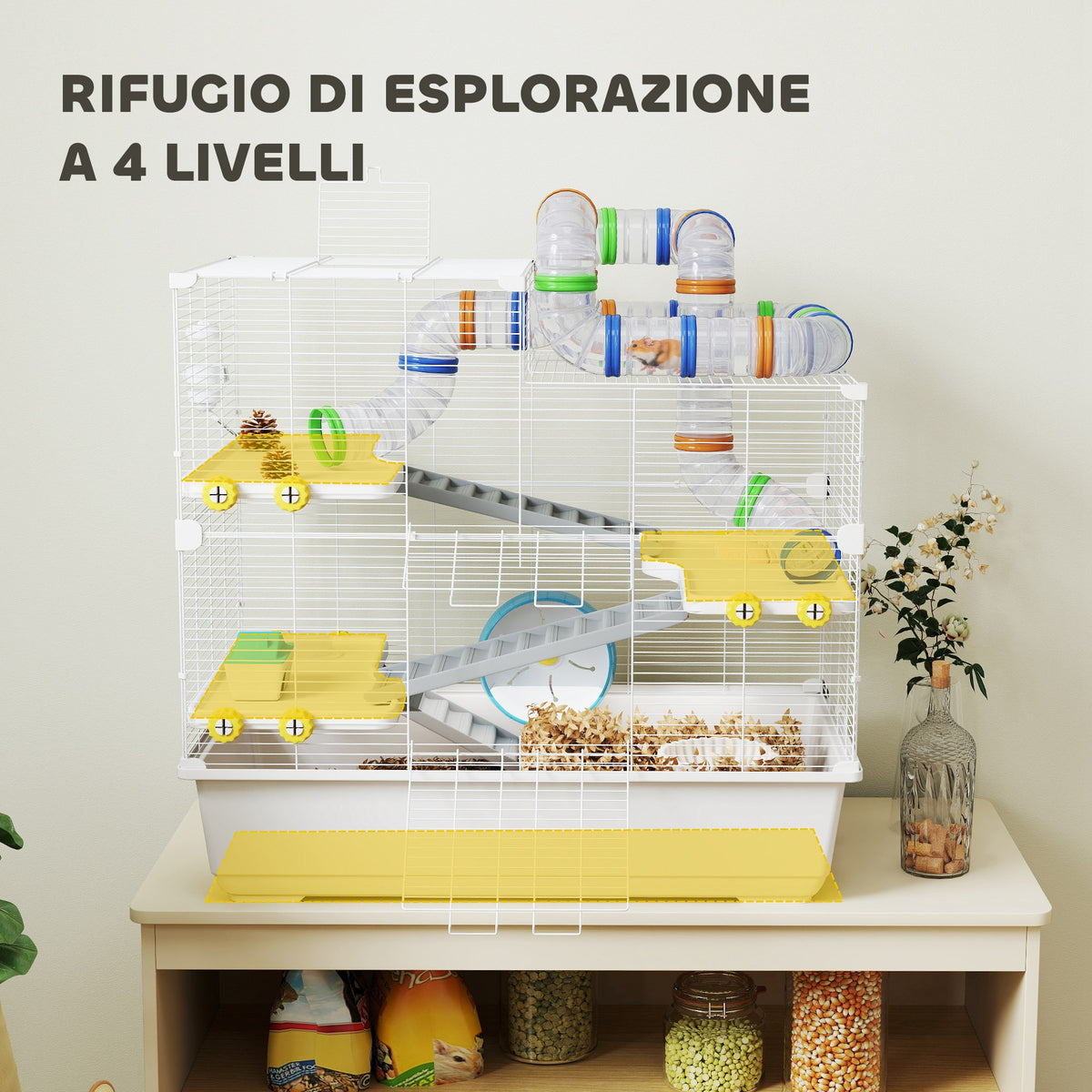 Gabbia per Criceti a 4 Livelli con Tubi, Ruota, 3 Porte e Vassoio, in Metallo, PP e PS, 78x45x73 cm, Bianco